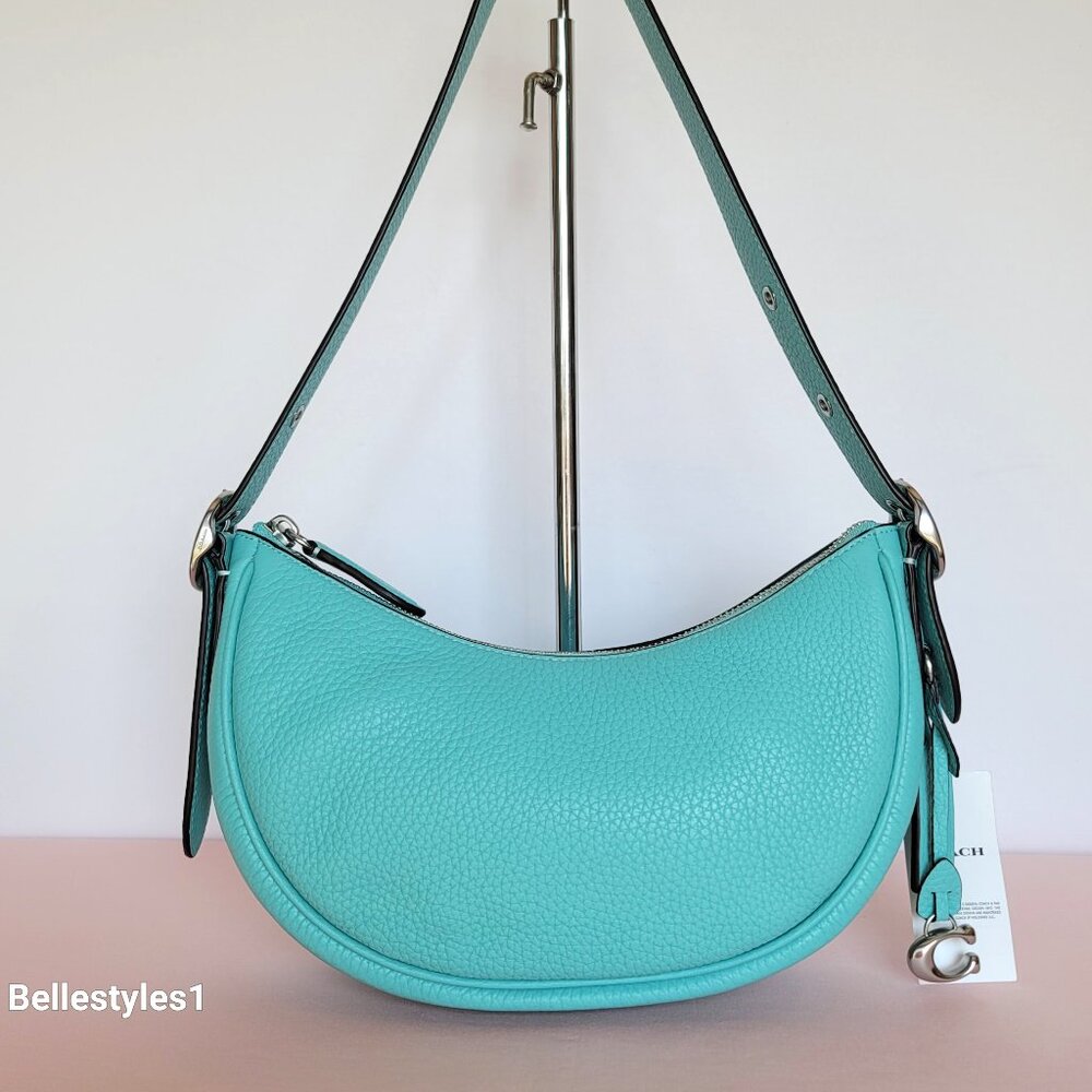 COACH Luna Soft Pebbled Leather Shoulder Bag with C Dangle Charm-Faded Blue 🎈